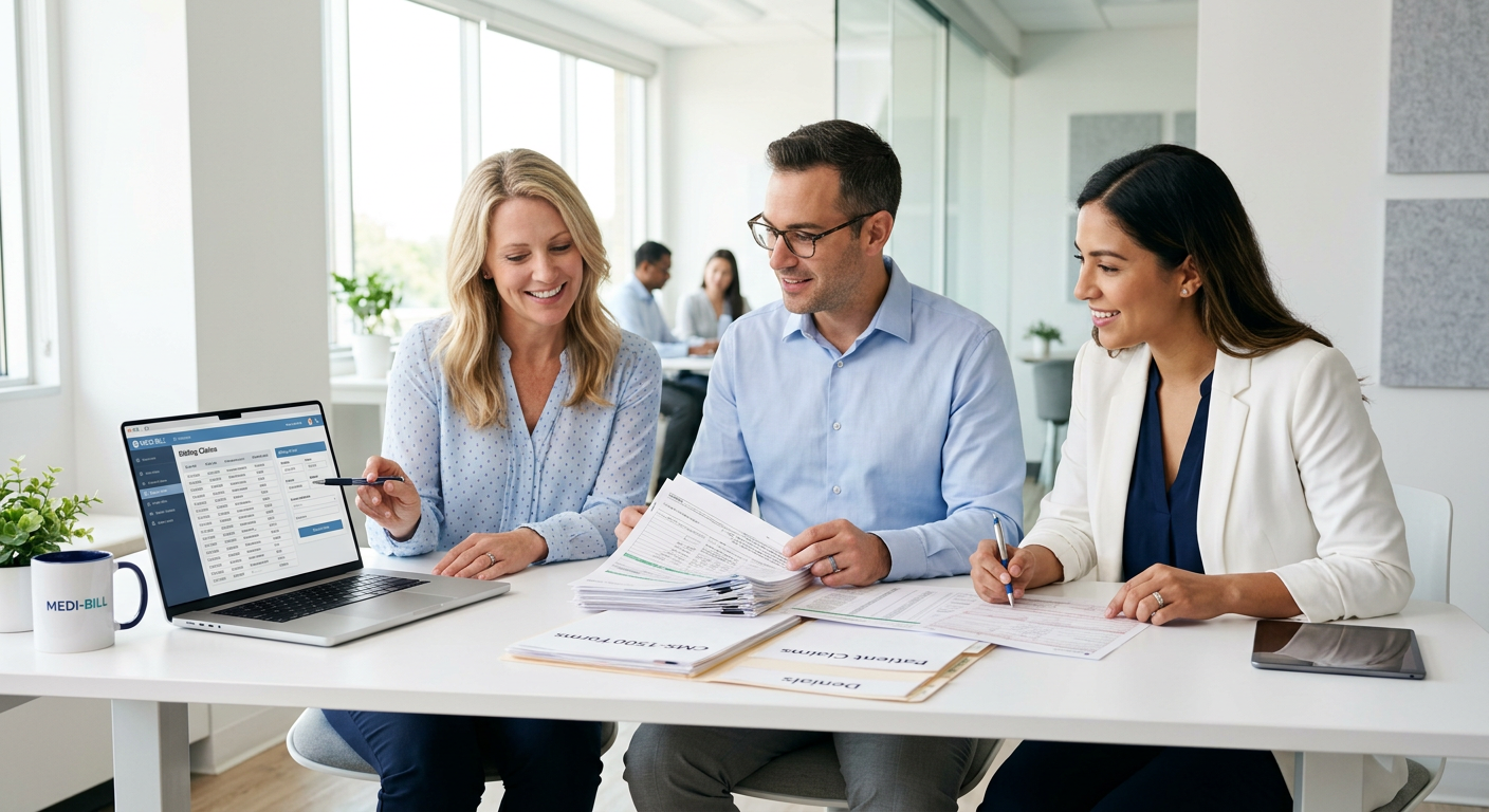 Medical billing team reviewing documents together in a bright office
