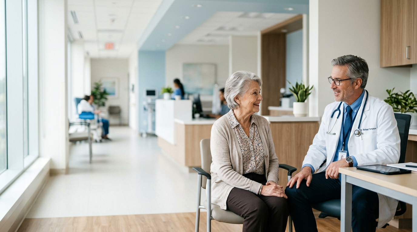 Physician speaking with a patient in a bright, modern clinic